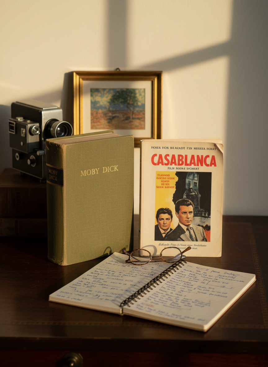 A carefully arranged still life of a thick, cloth-bound classic novel, a worn paperback film script, and an open notebook filled with dense handwritten notes, all resting on a dark wooden desk. Behind them, a vintage film projector and a small framed reproduction of an impressionist painting lean against a pale wall of a quiet home library. Late afternoon light filters through unseen windows, casting long, soft shadows and warm highlights on the book spines. Photographic realism, eye-level perspective with shallow depth of field, emphasizing the textures of paper, fabric, and wood. The mood is contemplative and sophisticated, evoking an intimate cultural conversation about books, cinema, and memory.