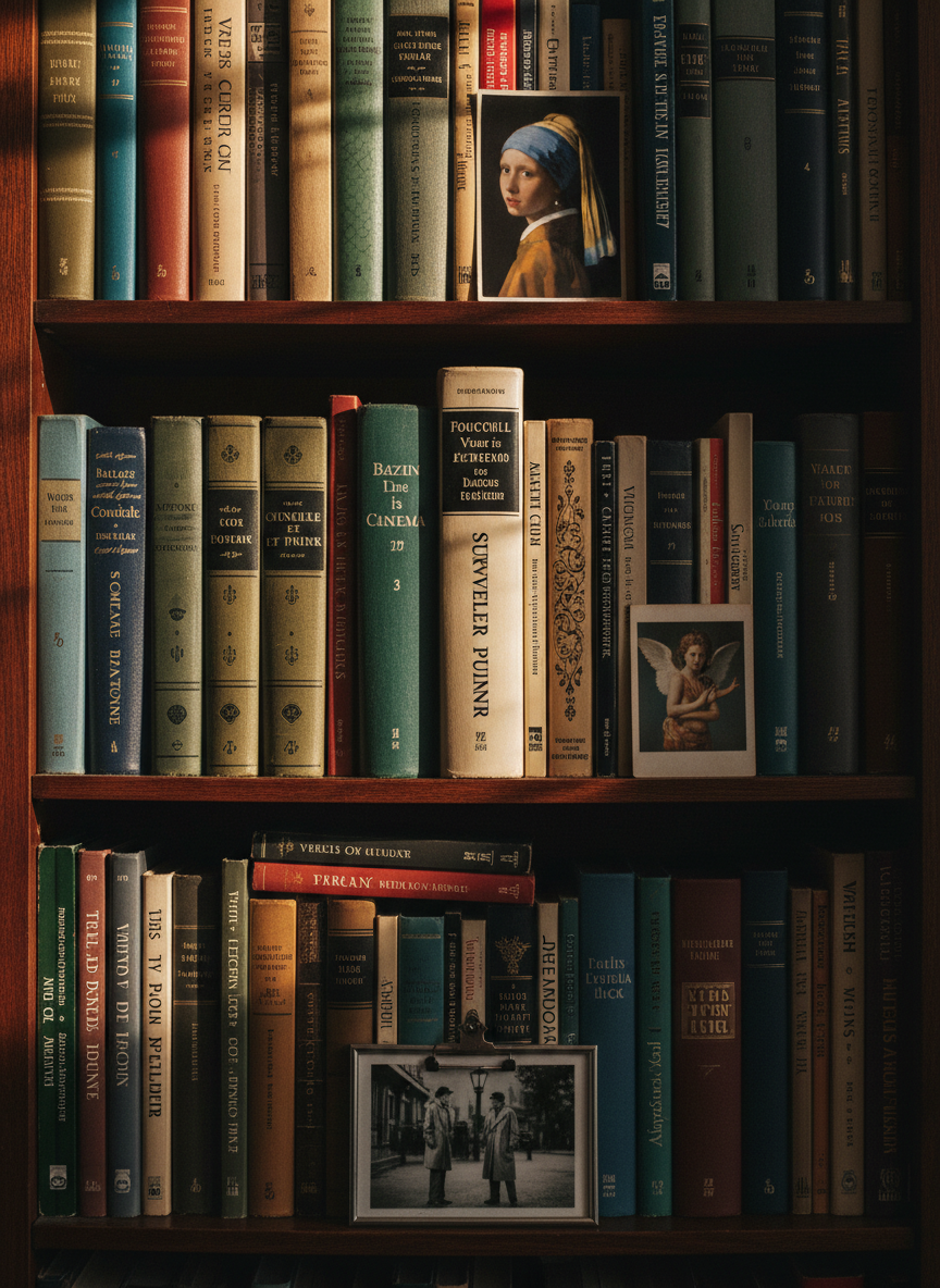 A narrow bookshelf in close-up, filled with neatly arranged European literature, film theory volumes, and tall opera librettos, each with distinct, elegant spine designs. Tucked between the books are small postcard reproductions of famous paintings and a single black-and-white film still in a simple clip frame. Warm, directional lamplight grazes the spines from the side, creating a rhythmic pattern of light and shadow and revealing the textures of cloth, paper, and embossed lettering. Photographic realism with a shallow depth of field, focusing sharply on a central title while the surrounding volumes softly blur. The mood is refined and nostalgic, suggesting a private archive of cultural memory.