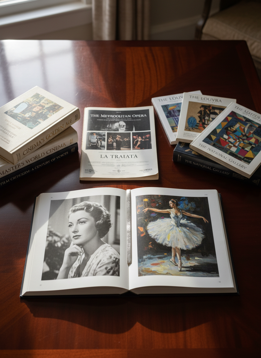 An overhead photographic view of a polished wooden table where several hardback books about cinema, a glossy opera program, and a stack of art exhibition catalogues fan out around a single, open volume. The open book shows a richly printed film still on one page and a reproduction of an oil painting on the other, with a slim bookmark resting across the gutter. Soft, diffused morning light from a nearby window illuminates the pages, creating gentle shadows between them. The background is minimal and slightly blurred, focusing attention on the printed images as cultural artifacts. The atmosphere is calm, studious, and subtly luxurious, ideal for a refined blog about cultural experiences.